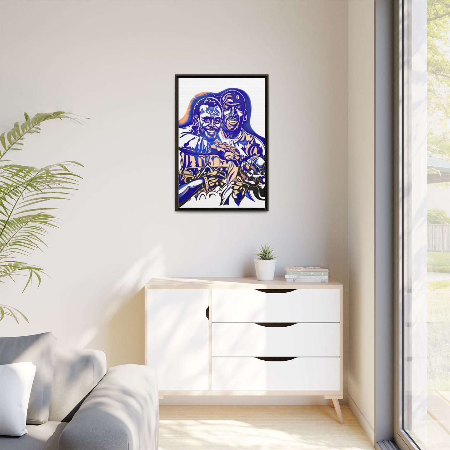NsArt-Walter P and MJ. Custom Framed Matte Canvas Print, Multi-color Retro Basketball Artwork.